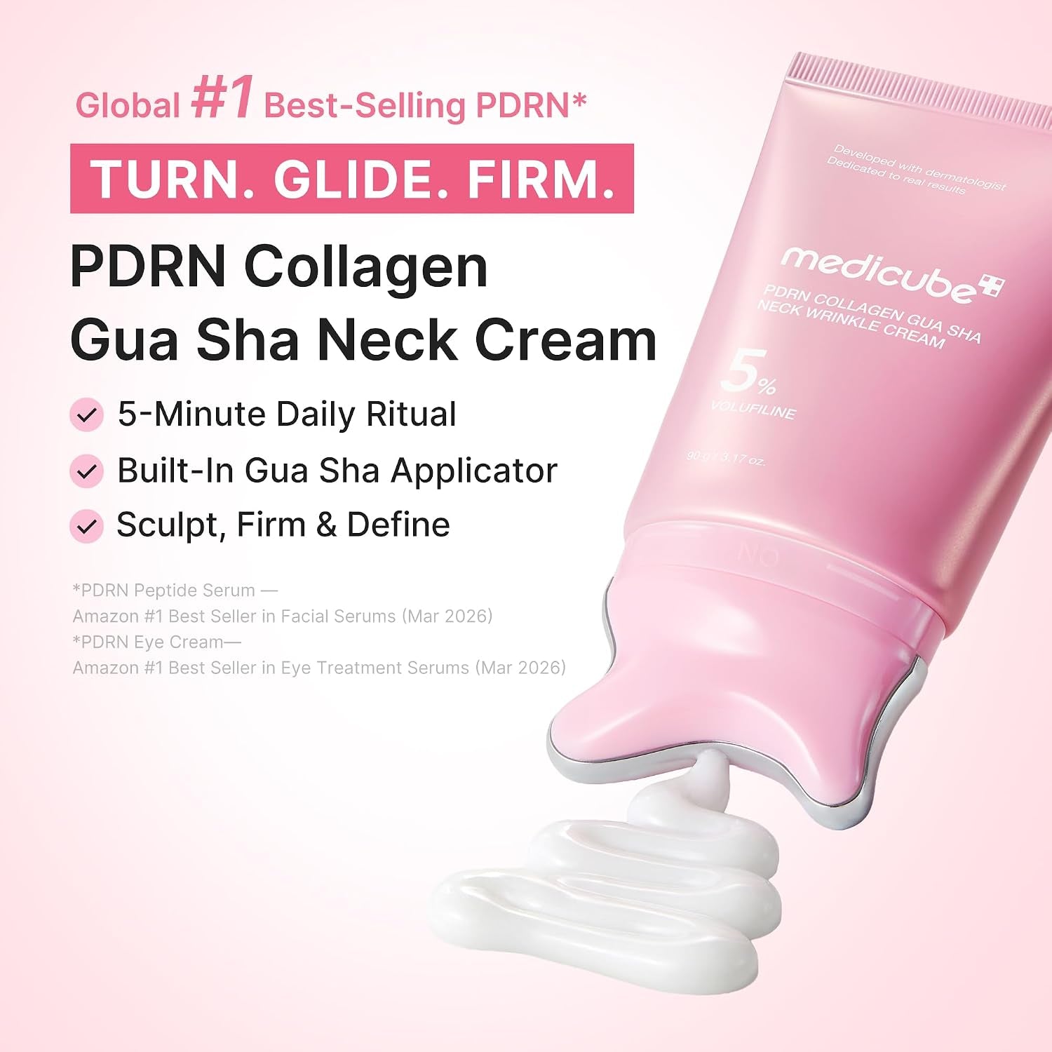 PDRN Collagen Gua Sha Neck Wrinkle Cream | Built-In Gua Sha Massager with Volufiline 5% | Firming, Contour Care for the Look of Fine Lines, Jawline, Neck, Décolleté | Korean Skincare, 3.17 Oz