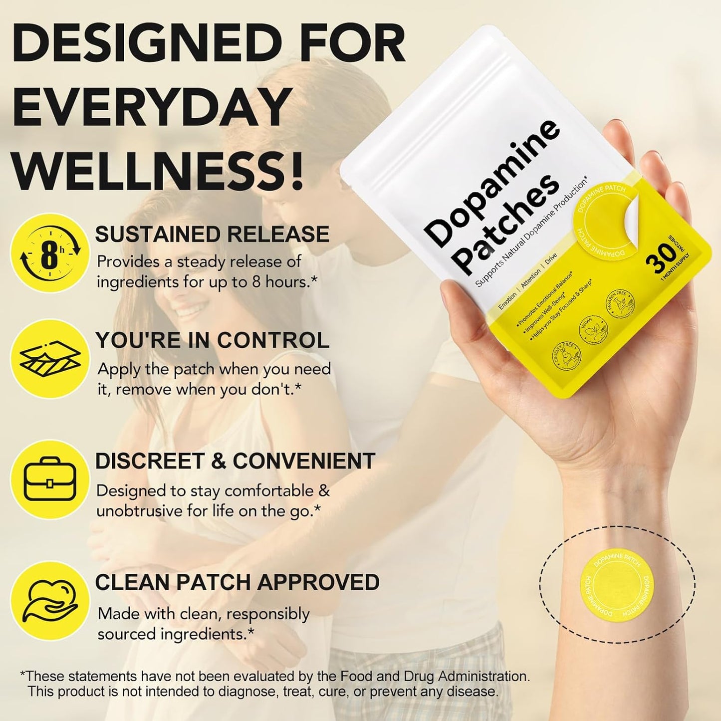 Dopamine Patches Extra Strength, Mood Support Patches for Daily Mental Wellness, Mood Boost & Positivity Support, Motivation Supports Dopamine & Serotonin Balance, Dopamine Supplements for Men Women