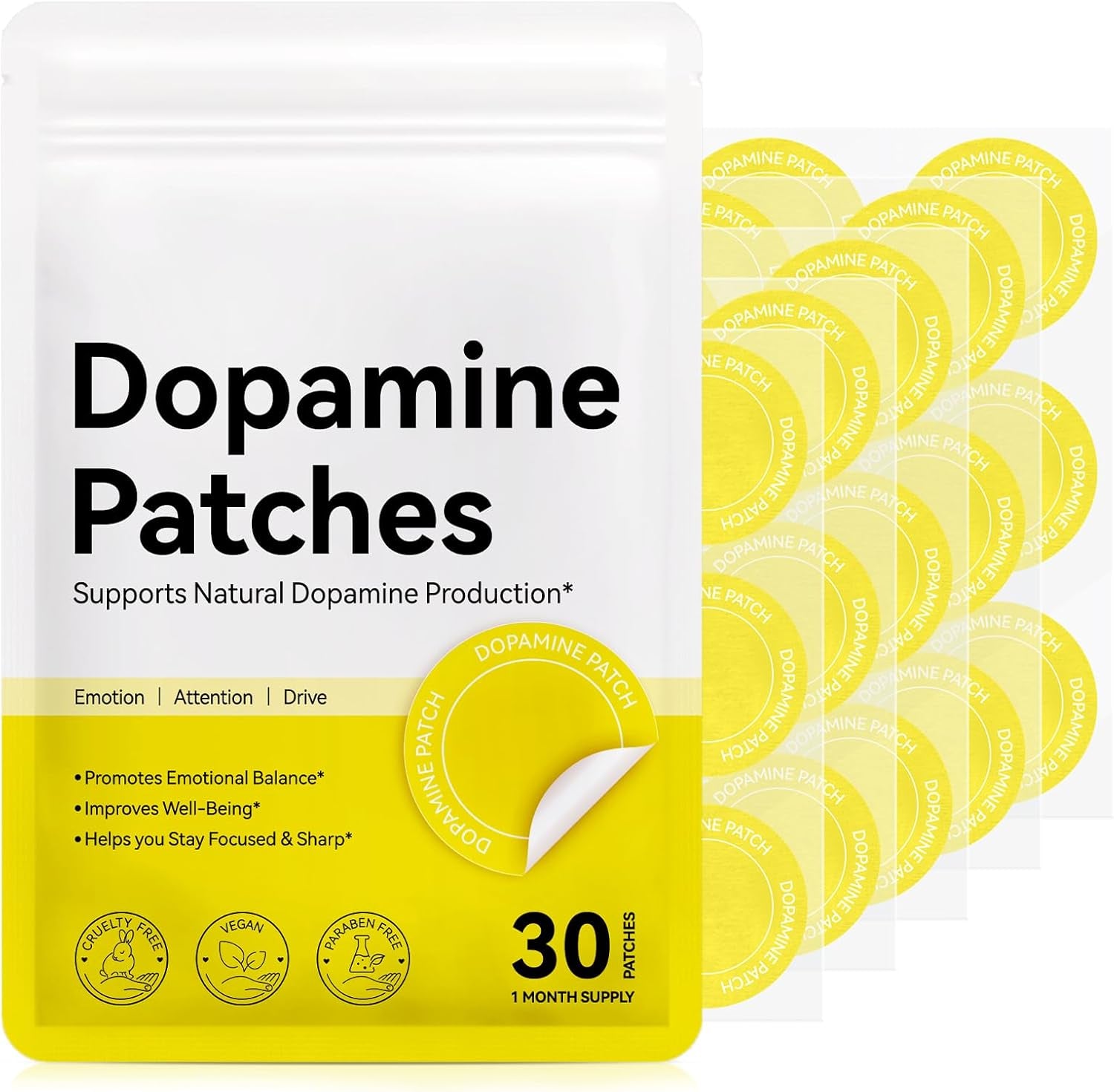 Dopamine Patches Extra Strength, Mood Support Patches for Daily Mental Wellness, Mood Boost & Positivity Support, Motivation Supports Dopamine & Serotonin Balance, Dopamine Supplements for Men Women