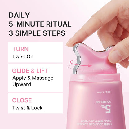 PDRN Collagen Gua Sha Neck Wrinkle Cream | Built-In Gua Sha Massager with Volufiline 5% | Firming, Contour Care for the Look of Fine Lines, Jawline, Neck, Décolleté | Korean Skincare, 3.17 Oz